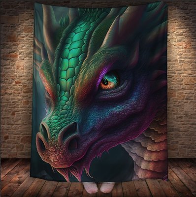 Плед з 3D принтом Реальні великі дракони. Зелений дракон з неоновими очима 2048860029 фото