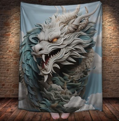 Плед з 3D принтом Реальні великі дракони. Білий небесний дракон у ярості 2 2048860080 фото