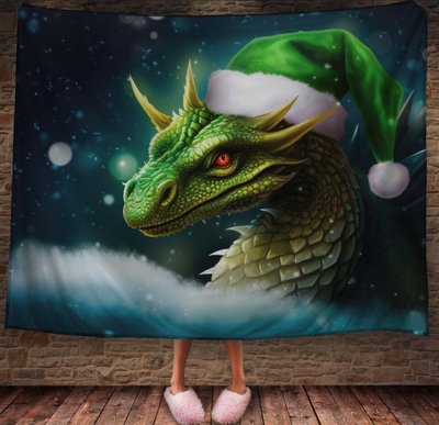 Плед з 3D принтом Різдвяний Дракончик в зеленій шапці Санта Клауса , Рік Дракона 2026837877 фото