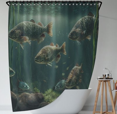 Штора для ванної з 3D принтом косяк загадкових риб_17 2048871701 фото