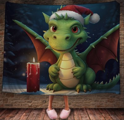 Плед з 3D принтом Різдвяний Дракончик зі свічками в шапці Санта Клауса, Рік Дракона _017 2026837831 фото