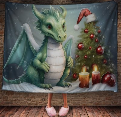 Плед з 3D принтом Різдвяний Дракончик біля ялинки в шапці Санта Клауса, Рік Дракона _018 2026837832 фото