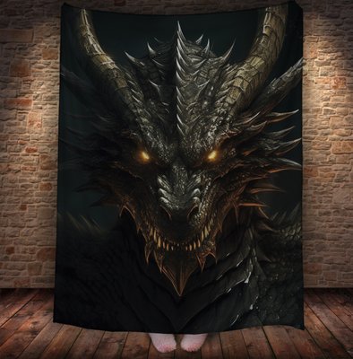 Плед з 3D принтом Реальні великі дракони. Чорний великий дракон перед боем _2 2048860038 фото