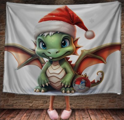 Плед з 3D принтом Різдвяний Дракончик біля ялинки в шапці Санта Клауса, Рік Дракона _019 2026837833 фото