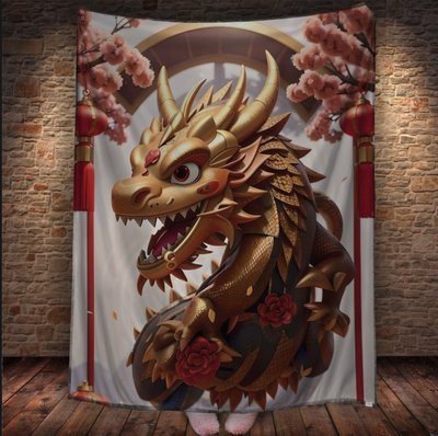 Плед з 3D принтом Реальні великі дракони. Червоно золотий дракон на білому фоні 2048860088 фото