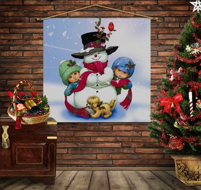 Мобільна картина-постер (гобелен)на тканині з 3D з принтом Різдво. Сніговичок 1282311576 фото