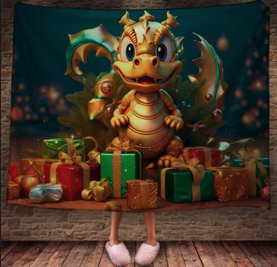 Плед з 3D принтом золотий різдвяний Дракончик зподарунками , Рік Дракона 2026837836 фото
