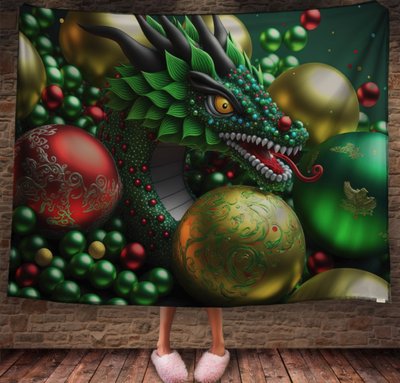Плед з 3D принтом Різдвяний Дракон з кульками , Рік Дракона 2026837887 фото