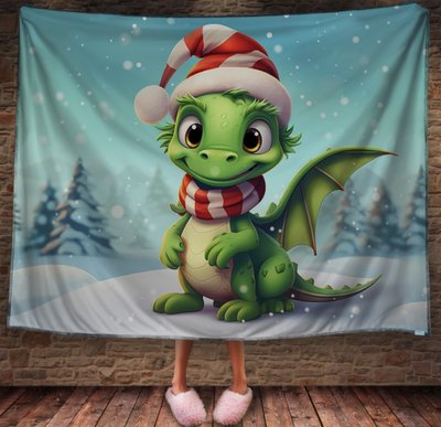 Плед з 3D принтомРіздвяний Дракончик в шапці Санта Клауса , Рік Дракона _001 2026837837 фото