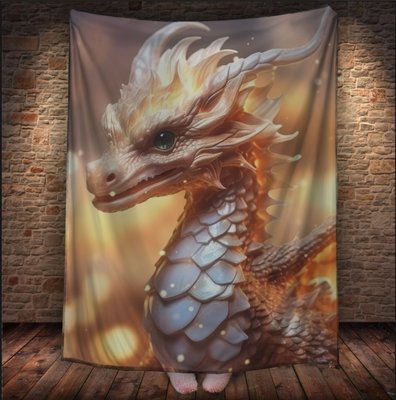 Плед з 3D принтом Реальні великі дракони. Білий дракон у вогниках 2048860043 фото
