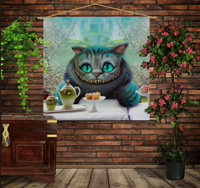 Мобільна картина-постер (гобелен)на тканині з 3D з принтом Чеширський кіт з чаєм 1284443339 фото
