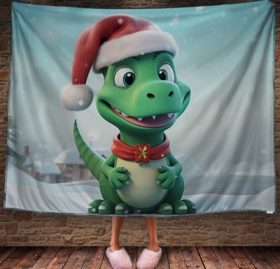 Плед з 3D принтомРіздвяний Дракончик в шапці Санта Клауса , Рік Дракона _002 2026837838 фото