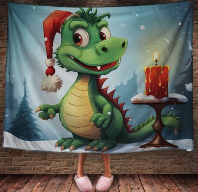 Плед з 3D принтом Різдвяний Дракончик зі свічками в шапці Санта Клауса, Рік Дракона _020 2026837844 фото