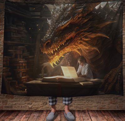 Плед з 3D принтом Реальні великі дракони. Мудрий дракон з книгою та дівчинкою 2048859999 фото