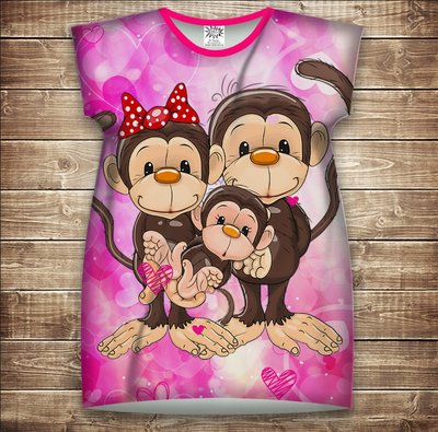 Плаття-туніка 3D принтом: Веселі мавпочки Рожевий 1. Дорослі і Дитячі розміри 1406227651 фото