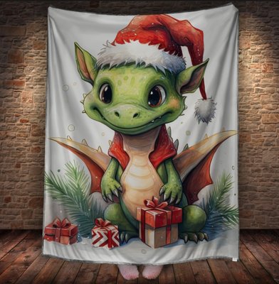 Плед з 3D принтом Різдвяний Дракончик з подарунками в шапці Санта Клауса, Рік Дракона _003 2026837889 фото