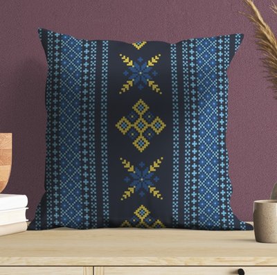 Подушка з принтом Вишиванка блакитний етнічний орнамент синій фон 2026767870 фото