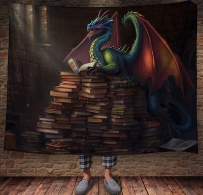 Плед з 3D принтом Реальні великі дракони. Мудрий дракон з книгами 2048860001 фото