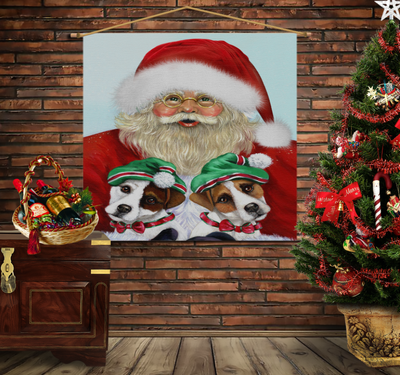Мобільна картина-постер (гобелен)на тканині з 3D з принтом Санта і ельфи 1282135293 фото