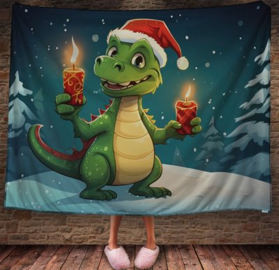 Плед з 3D принтом Різдвяний Дракончик зі свічками в шапці Санта Клауса, Рік Дракона _023 2026837847 фото