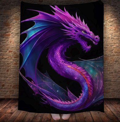 Плед з 3D принтом Реальні великі дракони. Фіолетово неоновий дракон 2048860053 фото