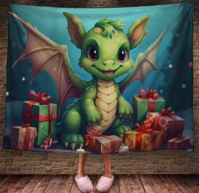 Плед з 3D принтом Різдвяний Дракончик малюк з подарунками , Рік Дракона _001 2026837898 фото